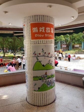 A pillar with a drawing and a poster with the words 'Play Story'