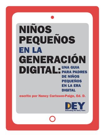 Tablet displaying a book cover in spanish titled "niños pequeños en la generación digital: una guía para padres de niños pequeños en la era digital," written by nancy carlsson-paige, ed. d.
