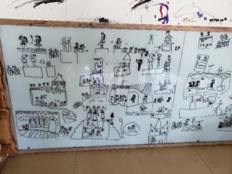 A collection of students drawings on a whiteboard