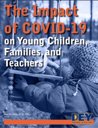 Book cover titled "the impact of covid-19 on young children, families, and teachers" by denisha jones, featuring an image of a young child on a swing. Book cover titled "the impact of covid-19 on young children, families, and teachers" by denisha jones, featuring an image of a young child on a swing.