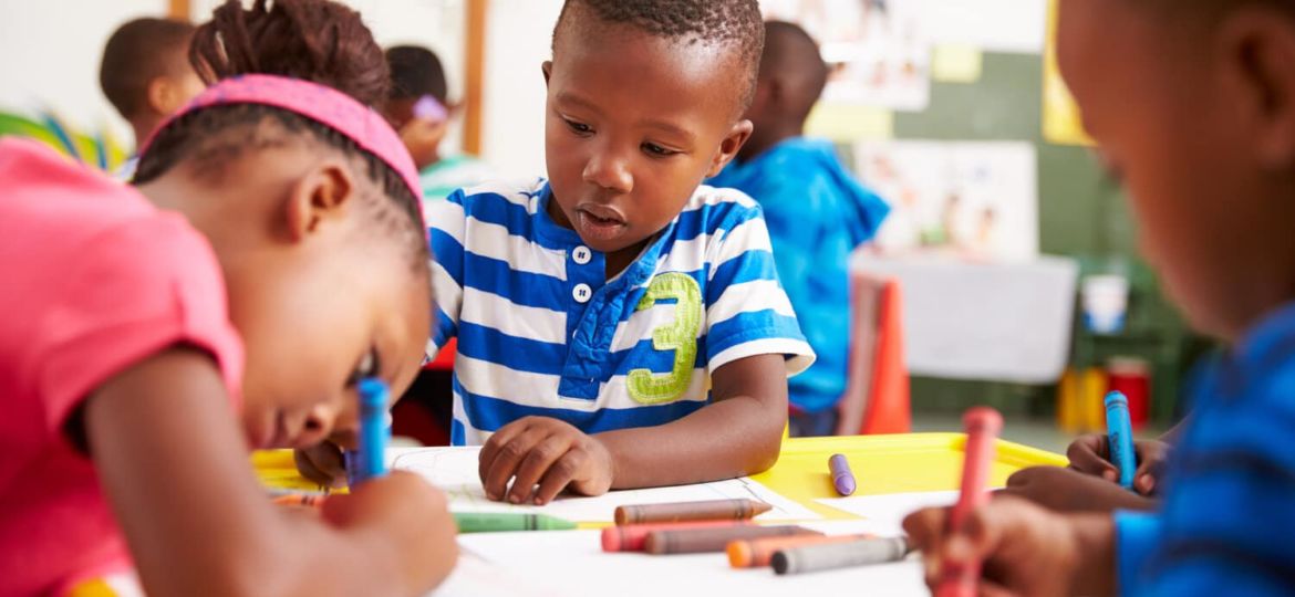 Preschool class in South African township, close-up