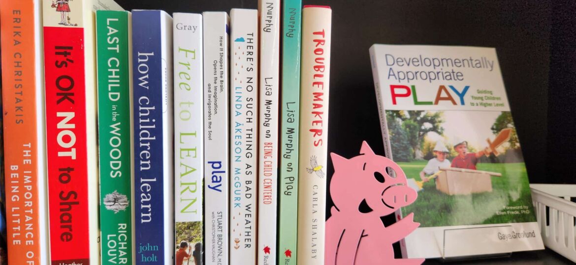 Bookshelf displaying a collection of books in support of play and playful learning