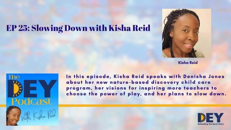 Colorful blurred background with podcast logo and picture of Black woman with braids