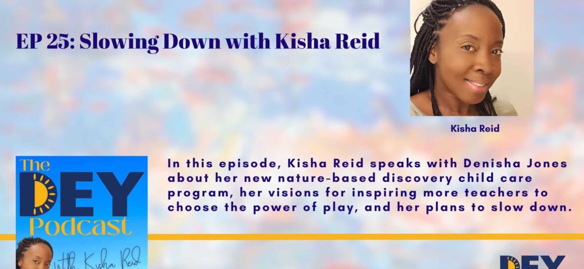 Colorful blurred background with podcast logo and picture of Black woman with braids
