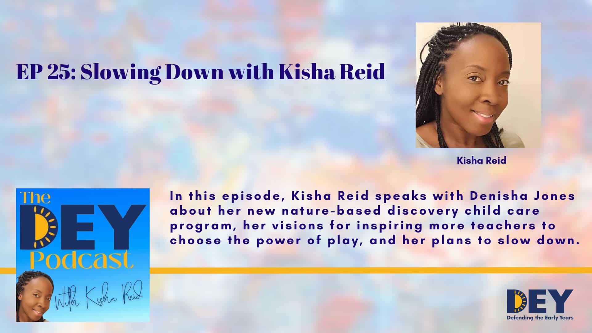 Colorful blurred background with podcast logo and picture of Black woman with braids