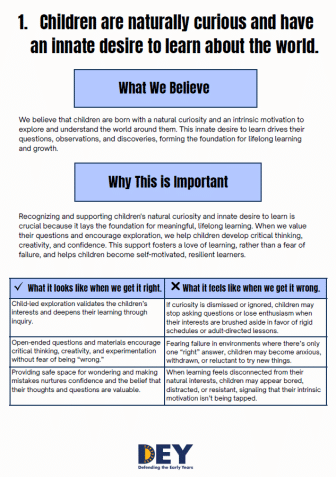 Presentation slide explains the importance of nurturing children's natural curiosity, contrasting positive outcomes with potential negatives if curiosity is ignored. Blue text boxes highlight key points.