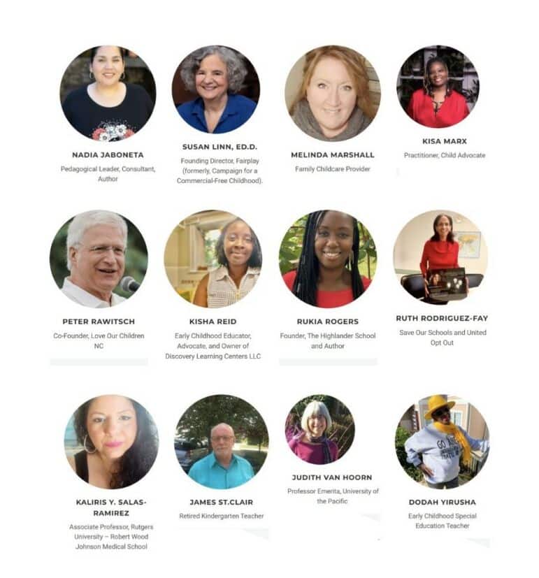 Group of diverse professionals defending the early years with their names and occupations or roles displayed beneath their portraits.