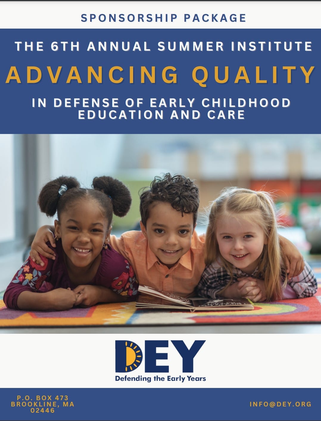 Three smiling children engaging in a classroom activity, representing the focus on early childhood education and care at the 6th annual summer institute.