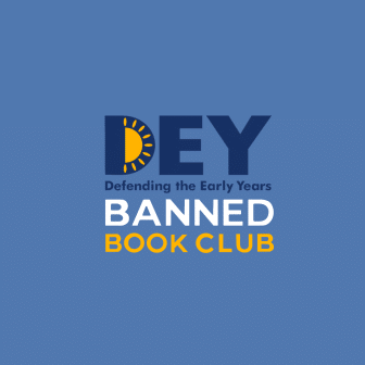 Logo of "defending the early years banned book club," featuring stylized text and a sun-like graphic on a blue background.