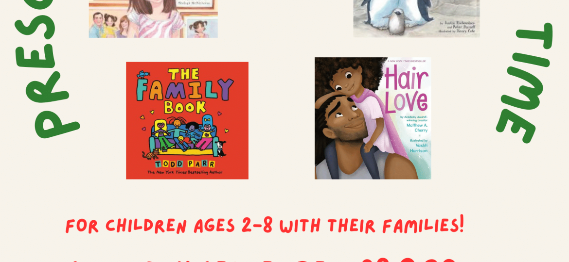 Flyer for Preschool Banned Book Story Time featuring book covers: "I Am Jazz," "Our Skin," "Tango Makes Three," "The Family Book," and "Hair Love." Event details included.