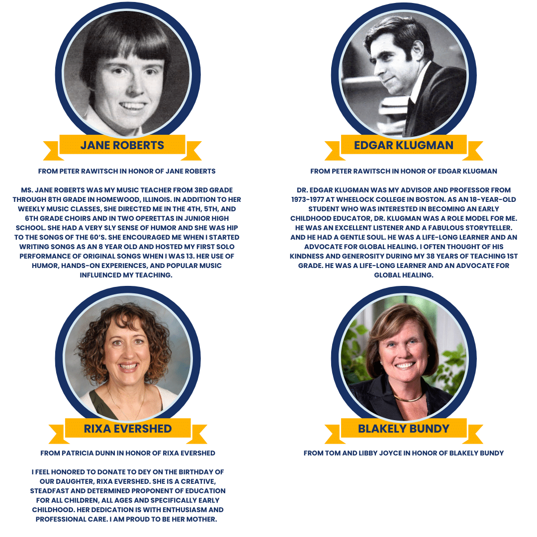 Four tribute profiles with photos and descriptions for Jane Roberts, Edgar Klugman, Rixa Evershed, and Blakely Bundy, highlighting their contributions and influence.