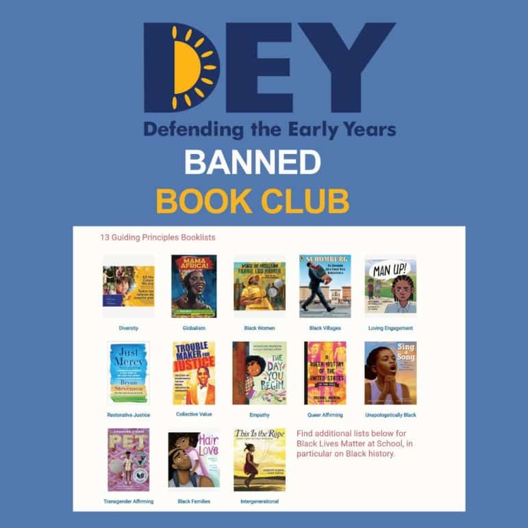 DEY Banned Book Club display featuring 13 book covers under themes like diversity, black women, empathy, and queer affirming.