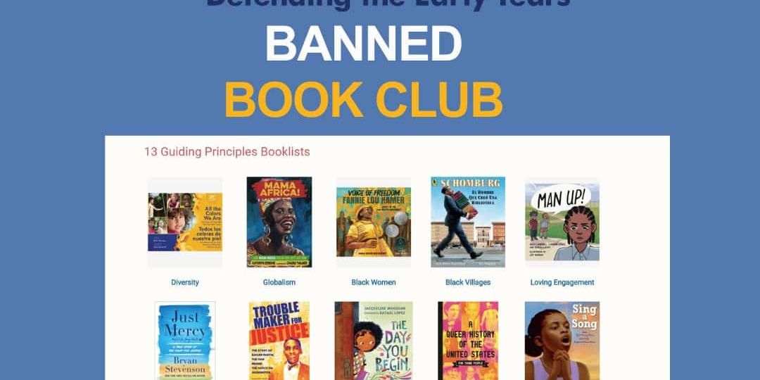 DEY Banned Book Club display featuring 13 book covers under themes like diversity, black women, empathy, and queer affirming.