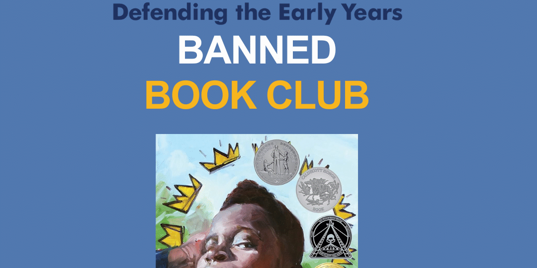 Cover of "Crown: An Ode to the Fresh Cut" by Derrick Barnes, featuring award medals and a young boy, under a "Banned Book Club" banner by Defending the Early Years.