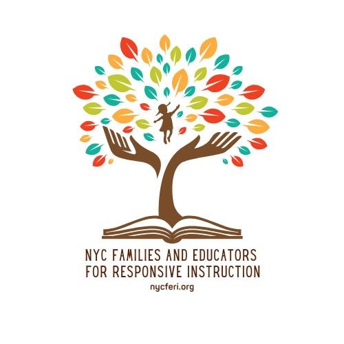 A stylized tree with colorful leaves emerges from an open book. A child and two hands are part of the design. Text reads "NYC Families and Educators for Responsive Instruction.