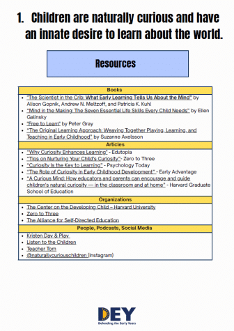 A resource list titled "Children are naturally curious and have an innate desire to learn about the world," featuring books, organizations, and online media on early childhood curiosity and learning.