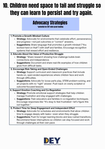 A poster titled "Advocacy Strategies" lists five ways to promote resilience in children by encouraging growth mindset, productive struggle, risk-taking, co-regulation, and mindfulness.