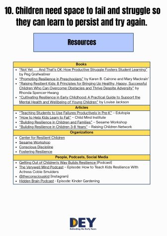 A list of resources, including books, articles, organizations, and podcasts, supporting the importance of allowing children space to fail and learn resilience.