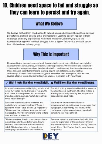An infographic explains the importance of letting children struggle and fail, detailing beliefs, significance, and differences between correct and incorrect adult responses.