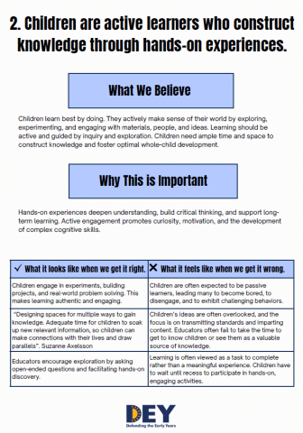 Infographic on children's active learning, contrasting effective hands-on experiences versus passive, isolated activities, with emphasis on inquiry, engagement, and cognitive skill development.