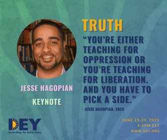 Jesse Hagopian smiles in front of bookshelves. Text highlights his keynote quote on teaching for oppression or liberation for a DEY event on June 23-25, 2025. Jesse Hagopian smiles in front of bookshelves. Text highlights his keynote quote on teaching for oppression or liberation for a DEY event on June 23-25, 2025.