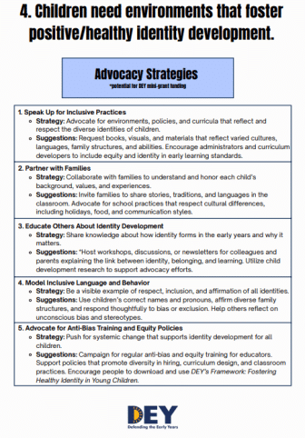 A flyer outlines advocacy strategies to foster positive and healthy identity development in children, including family collaboration, supporting inclusive practices, and promoting diversity.