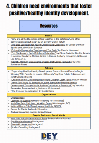 A resource list titled “Children need environments that foster positive/healthy identity development” with sections for books, articles, and links to social media and podcasts.