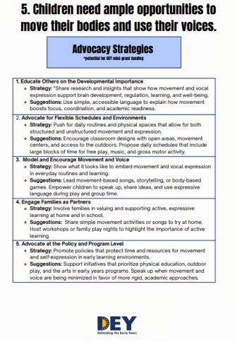 A list of five advocacy strategies for encouraging children's movement and voice, including education, flexible schedules, modeling, family engagement, and advocacy for more activity.