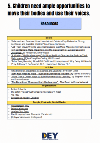 A resource list titled "Children need ample opportunities to move their bodies and use their voices," featuring books, organizations, and social media related to child movement.