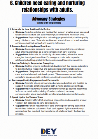 An infographic titled "Children need caring and nurturing relationships with adults" lists five advocacy strategies to support child-adult relationships in early education settings.