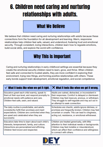 An infographic explains the importance of caring adult-child relationships in early childhood, detailing beliefs, importance, and differences between getting it right and wrong.