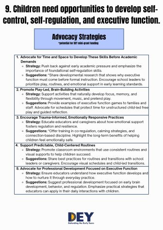 A list of advocacy strategies for developing children’s self-control, self-regulation, and executive function, with detailed recommendations and supporting research notes.