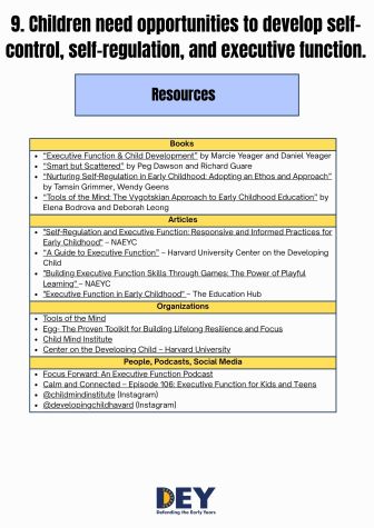 A resource list on children's self-control, self-regulation, and executive function, featuring books, articles, organizations, and podcasts.