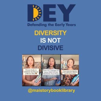 A woman holds picture books celebrating diversity, with text promoting the message "Diversity is not divisive" from Defending the Early Years and @maistorybooklibrary. A woman holds picture books celebrating diversity, with text promoting the message "Diversity is not divisive" from Defending the Early Years and @maistorybooklibrary.