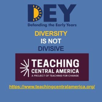 Graphic with "Diversity is not divisive" and "Teaching Central America" logo, including a link to teachingcentralamerica.org, promoting inclusion and education.