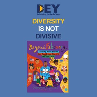 A book cover titled "Beyond February" about teaching Black history, with diverse children and adults, and the text "Diversity Is Not Divisive" above.