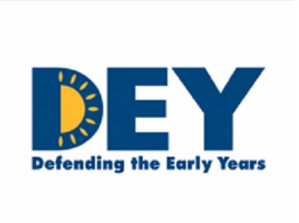 The DEY logo features large blue letters with a yellow semicircle and sun rays inside the "D." Below, it reads "Defending the Early Years" in blue text.